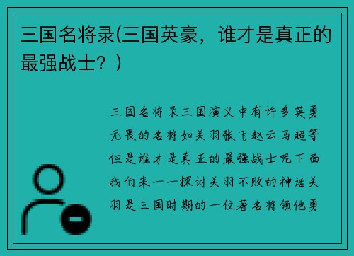 三国名将录(三国英豪，谁才是真正的最强战士？)