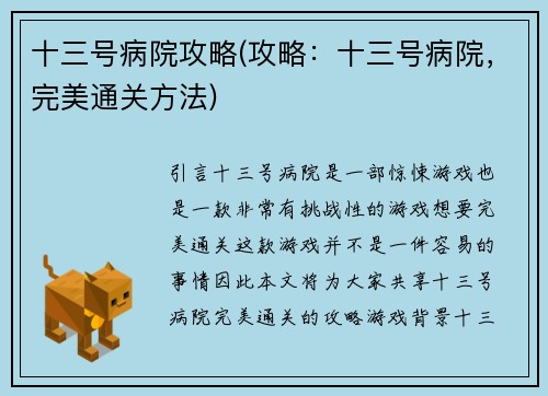 十三号病院攻略(攻略：十三号病院，完美通关方法)